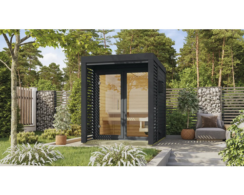 Chalet sauna Karibu Hybrid 1 avec poêle 9 kW Bio et commande ext. avec fenêtre et porte tout verre en verre transparent anthracite