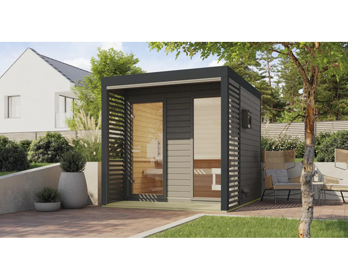 Saunahaus Karibu Sares 2 inkl. 9 KW Ofen u.ext.Steuerung mit Fenster und Ganzglastür aus Klarglas anthrazit/terragrau