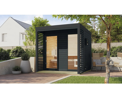 Saunahaus Karibu Sares 2 inkl. 9 KW Ofen und externer Steuerung mit Fenster und Ganzglastür aus Klarglas Holz außen und Metallrahmen anthrazit Freistehende Gartensauna mit Glastür und seitlichen Lamellenwänden