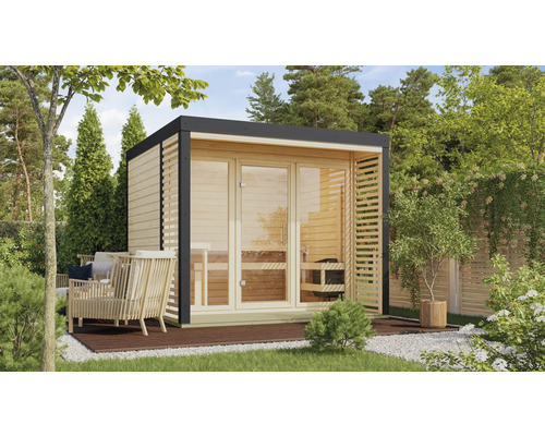 Sauna en bois avec façade en verre dans le jardin