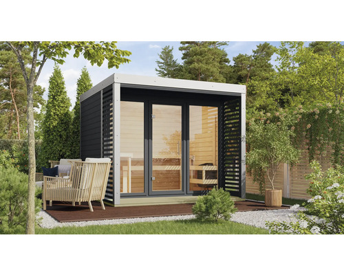 Chalet sauna Karibu Sares 3 avec poêle 9 KW Bio et commande ext. avec fenêtre et porte tout verre en verre transparent anthracite/blanc Chalet sauna Karibu Sares 3 avec poêle 9 KW Bio et commande ext. avec fenêtre et porte tout verre en verre transparent anthracite/blanc