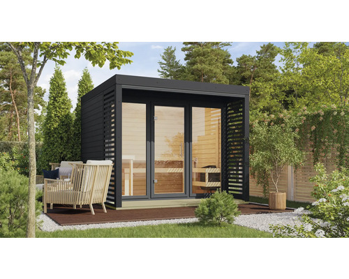 Chalet sauna Karibu Hybrid 3 avec poêle 9 kW Bio et commande ext. avec fenêtre et porte tout verre en verre transparent anthracite Chalet sauna Karibu Hybrid 3 avec poêle 9 kW Bio et commande ext. avec fenêtre et porte tout verre en verre transparent anthracite