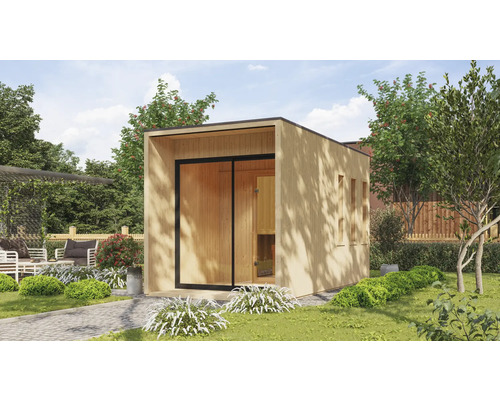 Sauna moderne en bois avec porte coulissante dans le jardin