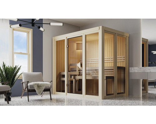 Elementsauna Karibu Iravos 3 ohne Ofen und bronzierter Ganzglastüre Innenraum mit Holzsauna, Bänken und Glaselementen