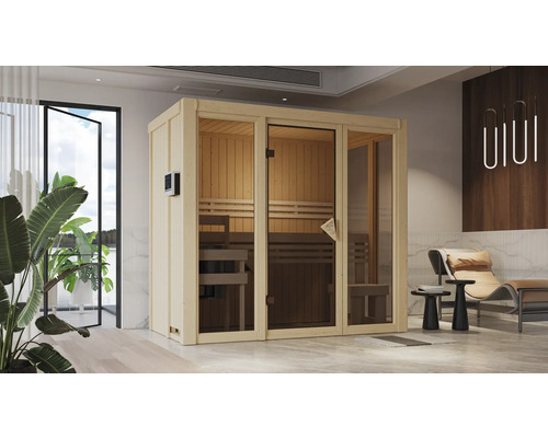 Sauna Plug & Play Iravos 2 avec poêle 3,6 kW et commande intégr. et porte tout verre bronzée Sauna Plug & Play Iravos 2 avec poêle 3,6 kW et commande intégr. et porte tout verre bronzée