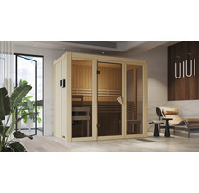 Vue intérieure d''un sauna avec lambris en bois et porte en verre