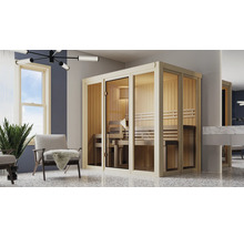 Intérieur avec sauna indépendant, coin salon et lavabo