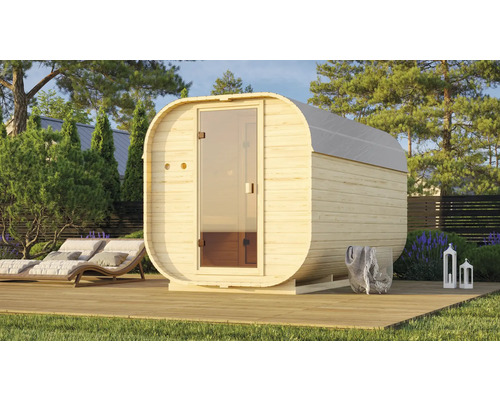 Fasssauna Karibu Quadrado 3 inkl. 9 KW Ofen u.ext.Steuerung mit Vorraum und bronzierter Ganzglastüre Außensauna aus Holz mit Glastür und Liegefläche im Garten