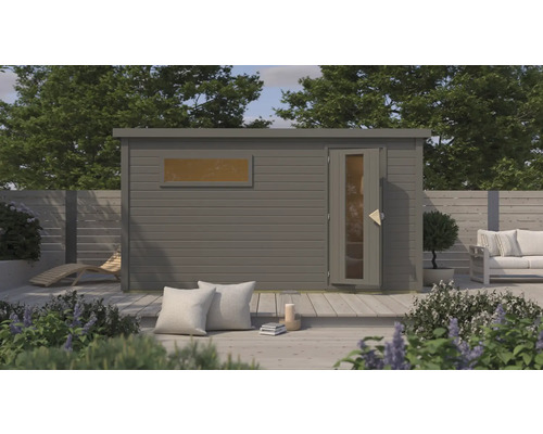 Chalet sauna Karibu Talos 6 avec poêle 9 kW Bio et commande ext. avec vestibule et porte tout verre bronzée gris terre cuite Chalet sauna Karibu Talos 6 avec poêle 9 kW Bio et commande ext. avec vestibule et porte tout verre bronzée gris terre cuite