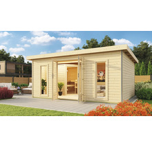 Holzgartenhaus mit Sauna und Glasfront auf Terrasse