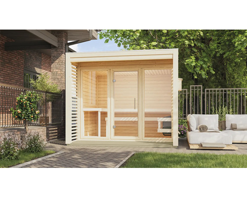 Saunahaus Karibu Angkora 3 inkl. 9 KW Ofen u.ext.Steuerung mit Fenster und Ganzglastür aus Klarglas Außensauna mit Glasfront und Sitzgelegenheiten im Garten