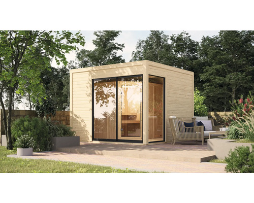 Chalet sauna Karibu Termingo 1 sans poêle avec vestibule et porte tout verre bronzée