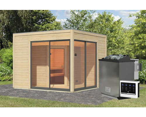 Chalet sauna Karibu Termingo 3 avec poêle 9 kW Bio et commande ext. avec vestibule et porte tout verre bronzée