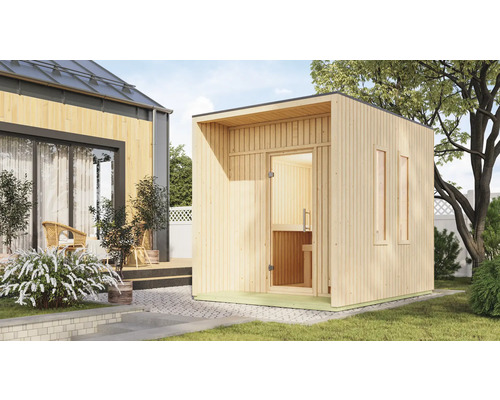 Saunahaus Karibu Sagunas inkl. 9 kW Bio Ofen u.ext. Steuerung mit Fenster und Ganzglastür aus Klarglas Außensauna aus Holz mit Glastür und Fenstern im Garten