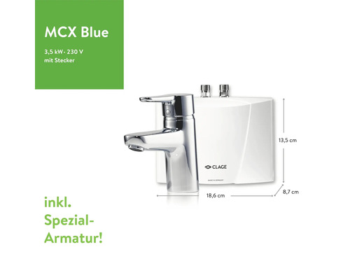Clage MCX Blue Durchlauferhitzer mit Armatur und den Massangaben 13,5 cm Höhe, 18,6 cm Breite und 8,7 cm Tiefe