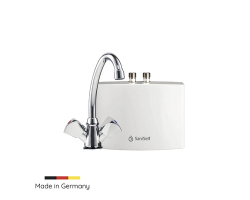Petit chauffe-eau instantané Saniself sous évier KDU3 3,5KW avec robinetterie Robinet Saniself avec filtre à eau