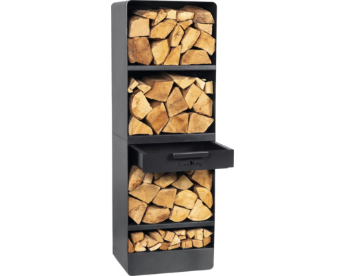 Étagère à bois de chauffage en métal avec bûches et tiroir