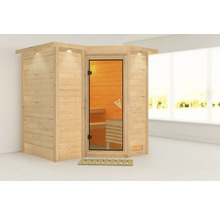 Sauna en bois avec porte en verre et éclairage intérieur