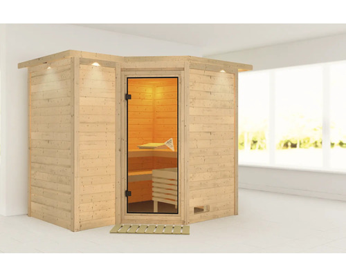 Sauna en bois massif Karibu Melanit 2 sans poêle, avec couronne et porte entièrement vitrée couleur bronze