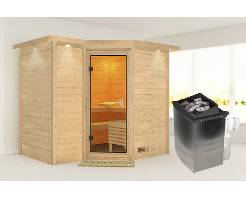 Sauna en bois massif Karibu Melanit 2 avec poêle 9 kW et commande intégrée, avec couronne et porte entièrement vitrée couleur bronze