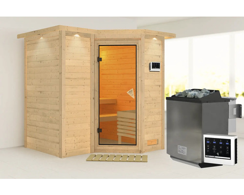 Sauna en bois massif Karibu Melanit 1 avec poêle 9 kW et commande externe, avec couronne et porte entièrement vitrée couleur bronze