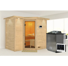 Massivholzsauna Karibu Melanit 2 inkl.9 kW Ofen u.ext.Steuerung mit Dachkranz und bronzierter Ganzglastüre