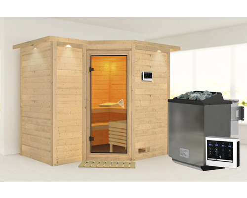 Sauna en bois massif Karibu Melanit 2 avec poêle 9 kW et commande externe, avec couronne et porte entièrement vitrée couleur bronze