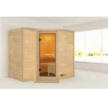 Massivholzsauna Karibu Melanit 2 inkl. 9 kW Ofen u.intgr.Steuerung ohne Dachkranz mit bronzierter Ganzglastüre