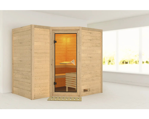 Sauna en bois massif Karibu Melanit 2 avec poêle 9 kW, et commande intégrée sans couronne avec porte entièrement vitrée coloris bronze