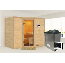 Massivholzsauna Karibu Melanit 2 inkl. 9 kW Ofen u.ext.Steuerung ohne Dachkranz mit bronzierter Ganzglastüre