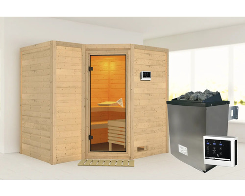 Sauna en bois massif Karibu Melanit 2 avec poêle 9 kW, et commande ext. sans couronne avec porte entièrement vitrée coloris bronze