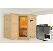 Massivholzsauna Karibu Melanit 2 inkl. 9 kW Bio Ofen u.ext.Steuerung ohne Dachkranz mit bronzierter Ganzglastüre