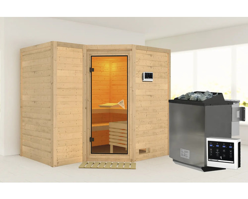 Sauna en bois massif Karibu Melanit 2 avec poêle bio 9 kW, et commande ext. sans couronne avec porte entièrement vitrée coloris bronze