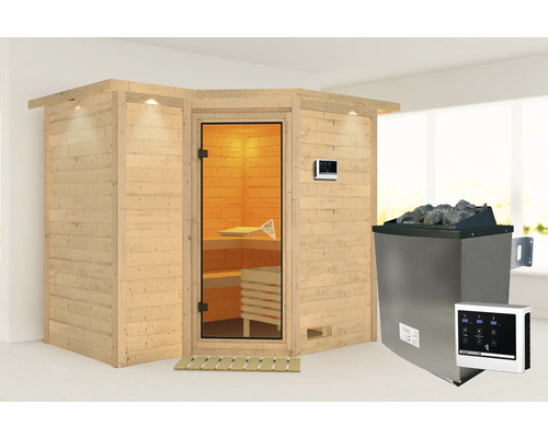 Sauna en bois massif Karibu Melanit 2 avec poêle bio 9 kW et commande externe, avec couronne et porte entièrement vitrée couleur bronze