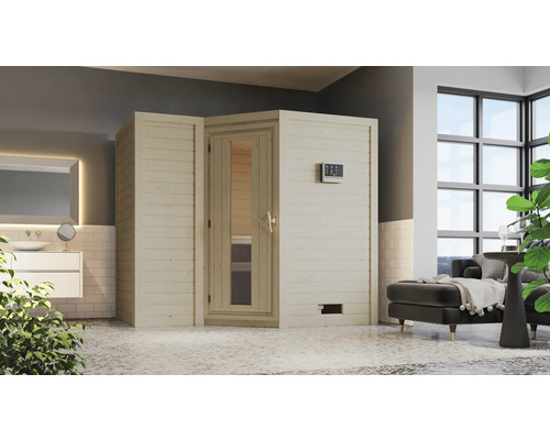Massivholzsauna Karibu Melanit 2 inkl. 9 kW Bio Ofen u.ext.Steuerung ohne Dachkranz mit Holztüre und Isolierglas wärmegedämmt Sauna aus Holz mit Glastür und Steuerungselementen in einem Badezimmer