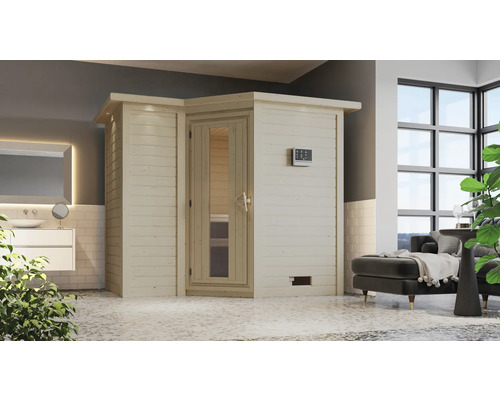Massivholzsauna Karibu Melanit 2 inkl.9 kW Ofen u.integr.Steuerung mit Dachkranz und Holztüre mit Isolierglas wärmegedämmt Moderne Sauna aus Holz mit Glastür und Steuerungselement im Badezimmer.