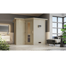 Massivholzsauna Karibu Melanit 2 inkl.9 kW Bio Ofen u.ext.Steuerung mit Dachkranz und Holztüre mit Isolierglas wärmegedämmt