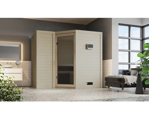 Massivholzsauna Karibu Melanit 2 inkl. 9 kW Ofen u.ext.Steuerung ohne Dachkranz mit graphitfarbeneer Ganzglastüre Innenraum mit Sauna, Waschbecken und Sitzgelegenheit