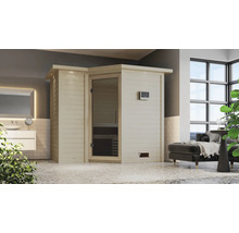 Massivholzsauna Karibu Melanit 2 inkl. 9 kW Bio Ofen u.ext.Steuerung mit Dachkranz und graphitfarbeneer Ganzglastüre