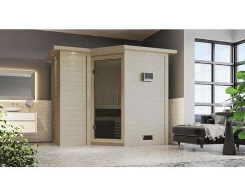 Massivholzsauna Karibu Melanit 2 inkl. 9 kW Bio Ofen u.ext.Steuerung mit Dachkranz und graphitfarbeneer Ganzglastüre Holzsauna mit Glastür in einem Badezimmer