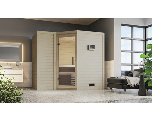 Innenraumansicht einer Sauna mit Holztür und Steuerungselementen