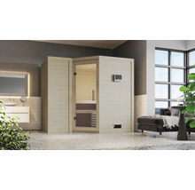 Massivholzsauna Karibu Melanit 2 inkl. 9 kW Bio Ofen u.ext.Steuerung ohne Dachkranz mit Ganzglastüre aus Klarglas