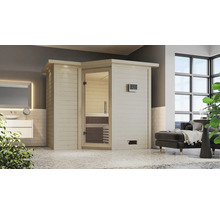 Moderne Innensauna aus Holz mit Glastür und Steuerungselement im Badezimmer.
