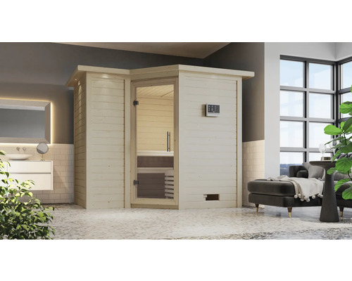 Sauna modulaire Karibu Melanit 2 avec poêle 9 kW et commande intégrée, avec couronne et porte entièrement vitrée en verre transparent Sauna d'angle en bois avec porte en verre et élément de commande dans une salle de bain lumineuse.