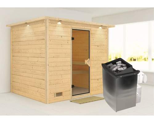 Sauna en bois massif Calienta Coral y compris poêle 9 kW avec commande intégrée et frise de toit