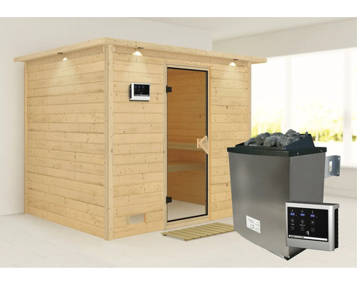 Sauna en bois massif Calienta Coral y compris poêle 9 kW avec commande extérieure et frise de toit