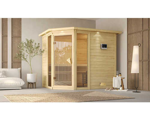 Massivholzsauna Karibu Saphir inkl. 8 kW Ofen u.ext.Steuerung mit Dachkranz und bronzierter Ganzglastüre Holzsauna mit Glastür und digitalem Bedienfeld in einem hellen Raum