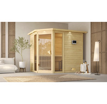 Sauna d'intérieur en bois avec porte en verre et panneau de commande numérique dans une pièce lumineuse