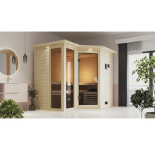 Sauna d''angle en bois avec porte vitrée dans une salle de bain lumineuse