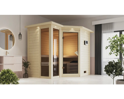 Elementsauna Karibu Limonit inkl. 9 kW Bio Ofen u.ext.Steuerung mit Dachkranz und bronzierter Ganzglastüre Ecksauna aus Holz mit Glastür in einem hellen Badezimmer